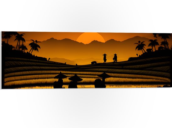 PVC Schuimplaat - Silhouet van Thaise Boeren aan het Werk op Land - 90x30 cm Foto op PVC Schuimplaat (Met Ophangsysteem)