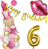 Snoes Beauty Helium Ballonnen Set 6 Jaar - Roze Folieballonnen - Slinger Happy Birthday Goud