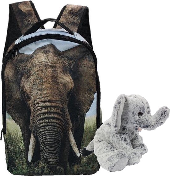 Sac à dos Éléphant - 42 cm de haut - animaux sauvages - jungle - peluche éléphant en peluche 30 cm incluse.