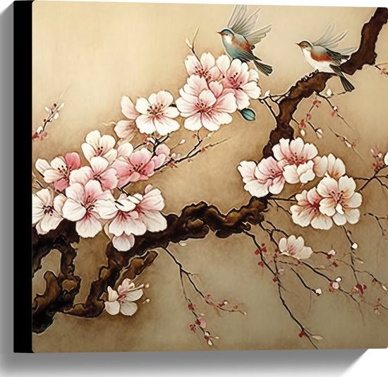 Canvas - Tekening van Tak met Vogeltjes en Roze Bloemen - 40x40 cm Foto op Canvas Schilderij (Wanddecoratie op Canvas)