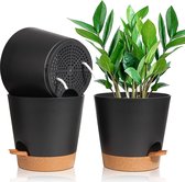 20 cm kunststof bloempot met bewateringssysteem, set van 3 zelfbewaterende plantenbak met schotel, ronde plantenpot voor binnen- en balkontuinplanten sappige cactus zwart