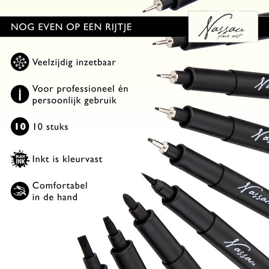 Stylos noirs Nassau Fine Art de différentes épaisseurs, à côté d'informations sur la polyvalence et le confort.