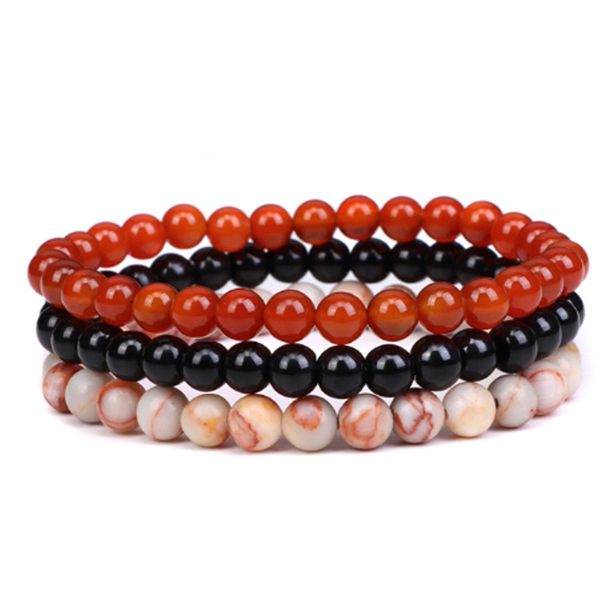 Bixorp Gems 6mm Rode Agaat + Onyx + Picasso Jaspis Edelstenen Armbanden Set - Kralenarmband Cadeau - 18cm