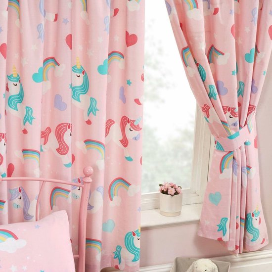 Gordijnen (set van 2 stuks) roze "I believe in unicorns” kant-en-klaar 183 cm hoog en 168 cm breed, lichtroze met eenhoorns / paardjes, regenbogen (regenboog), wolken en hartjes (meisjes slaapkamer / kinderkamer / babykamer)