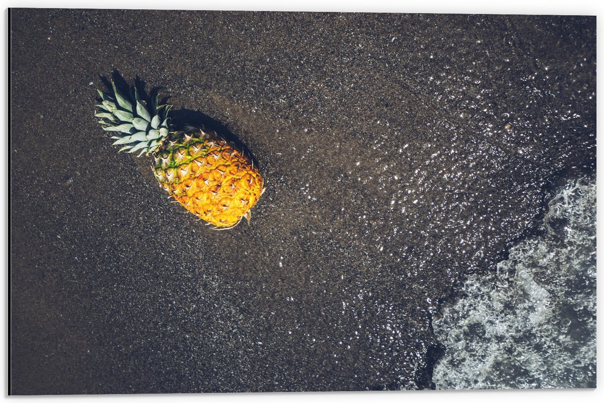 Dibond - Ananas op het Strand met Zee - 60x40 cm Foto op Aluminium (Wanddecoratie van metaal)