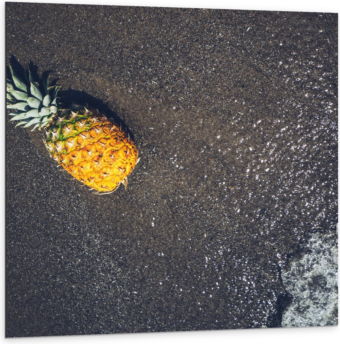 Dibond - Ananas op het Strand met Zee - 100x100 cm Foto op Aluminium (Wanddecoratie van metaal)