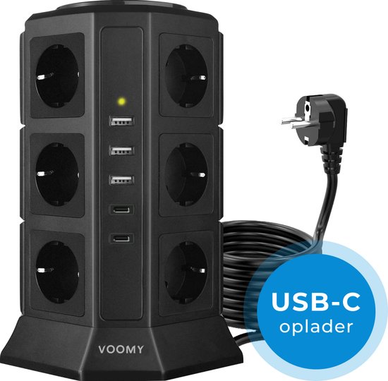 Voomy Toren 20W USB-C Stekkerdoos - 12 Stopcontacten - 5 USB Poorten - 2 USB-C Poorten Snellader - 2M Verlengsnoer - 4000W - Met Schakelaar - Zwart