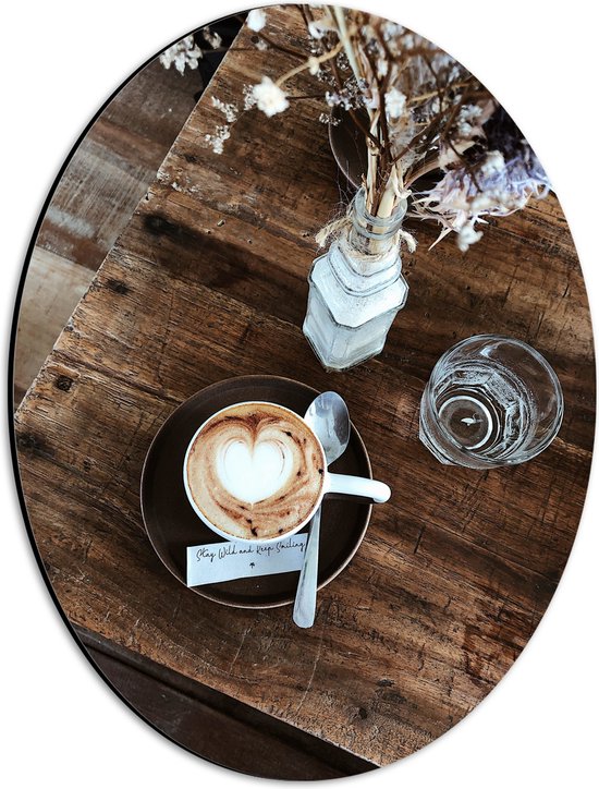 Dibond Ovaal - Kofie met Latte Art en Bloemen - 30x40 cm Foto op Ovaal (Met Ophangsysteem)