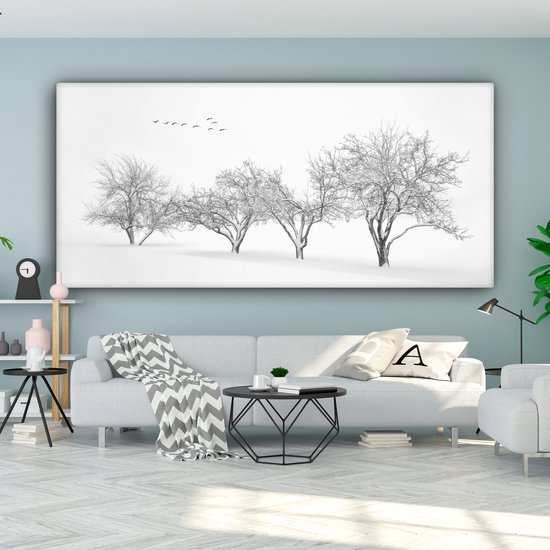 Canvas schilderij 160x80 cm - Wanddecoratie Bomen - Zwart wit - Natuur - Vogels - Muurdecoratie woonkamer - Slaapkamer decoratie - Kamer accessoires - Schilderijen op canvas