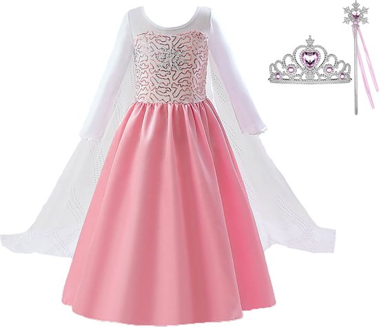 Prinsessenjurk meisje - verkleedkleding - Het Betere Merk - Roze jurk - Prinsessen verkleedkleding - maat 98/104 (110) - carnavalskleding - cadeau meisje - verkleedkleren - kleed - verkleedkleding meisje met kroon - toverstaf