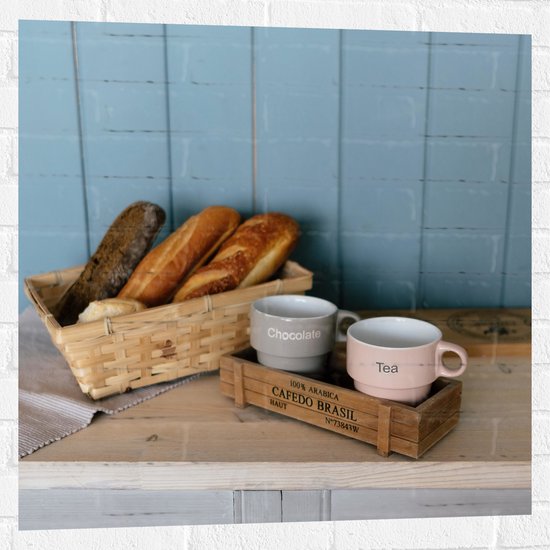 Muursticker - Mand met Broodjes en Koffie op Kast - 80x80 cm Foto op Muursticker