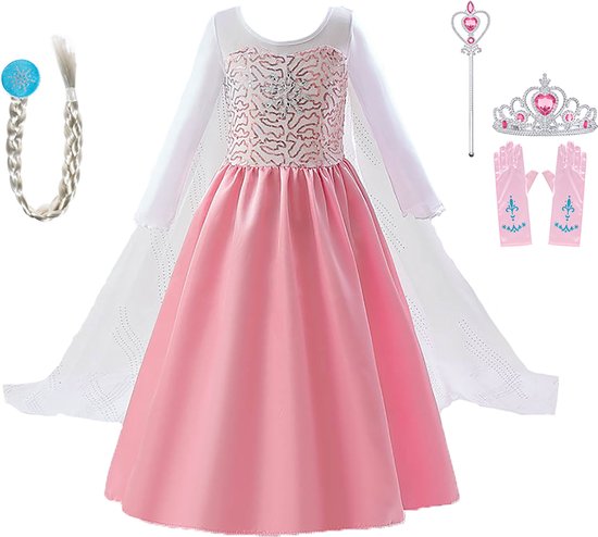 Prinsessenjurk meisje - Prinsessen speelgoed - Het Betere Merk - Roze jurk - Prinsessen verkleedkleding - maat 140/146 (150) - carnavalskleding - cadeau meisje - kleed - kroon - tiara - toverstaf - vlecht - handschoenen