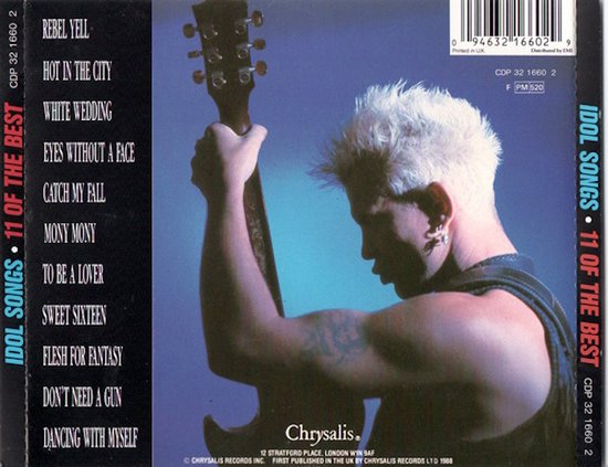 Billy Idol avec une crête blonde, regardant vers la droite, tenant une guitare. Texte : "Idol Songs 11 of the Best".