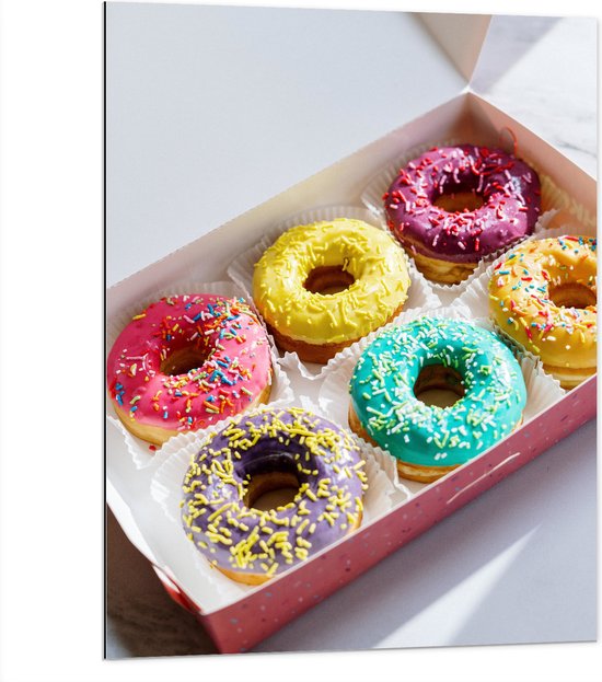 Dibond - Gekleurde Donuts met Spikkels in Roze Doos - 75x100 cm Foto op Aluminium (Met Ophangsysteem)