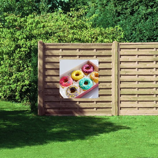 Tuinposter – Gekleurde Donuts met Spikkels in Roze Doos - 100x100 cm Foto op Tuinposter (wanddecoratie voor buiten en binnen)