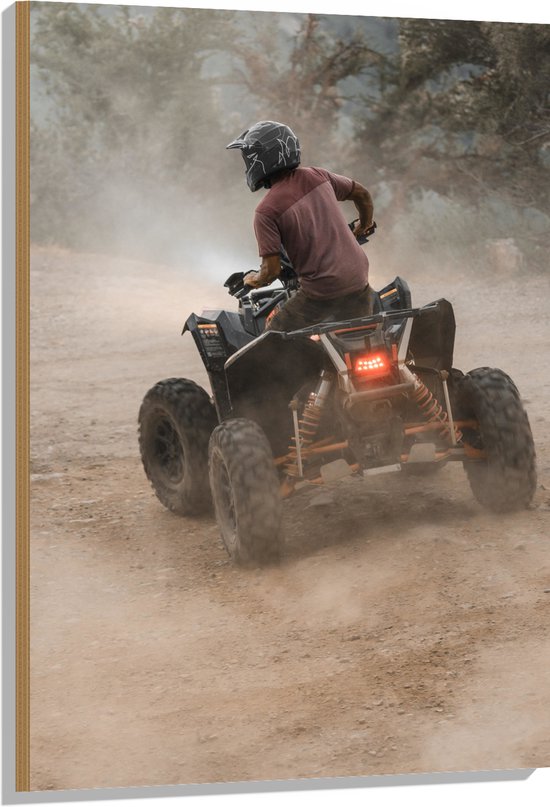 Hout - Man met Helm Stuntend op Quad door het Zand - 70x105 cm - 9 mm dik - Foto op Hout (Met Ophangsysteem)