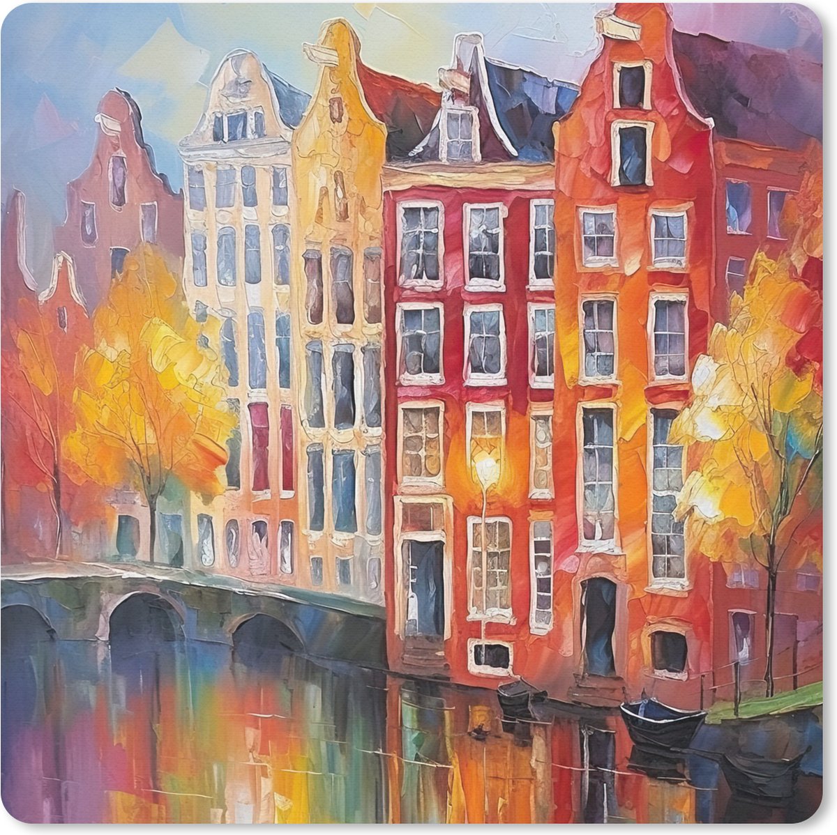 Muismat 20x20 cm - Mousepad Grachtenpanden - Kunst - Schilderij - Amsterdam - Muismatten