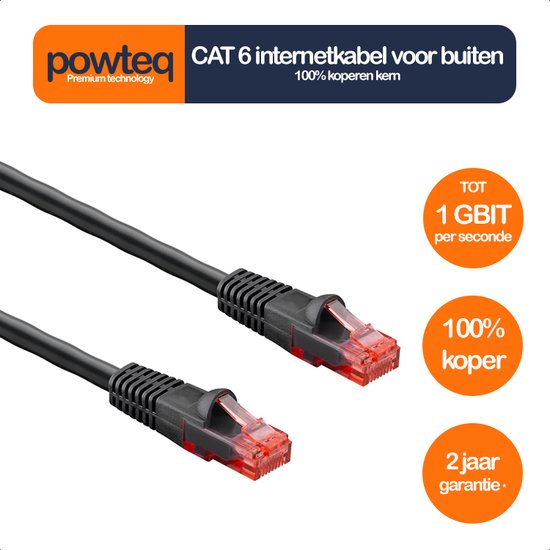 Opgerolde zwarte Powteq Cat6-buitenkabel met RJ45-stekkers