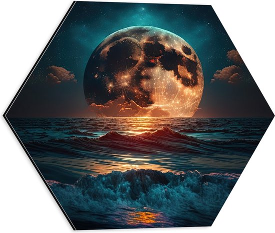 Dibond Hexagon - Heldere Maan Dobberend op het Wateroppervlak - 40x34.8 cm Foto op Hexagon (Met Ophangsysteem)