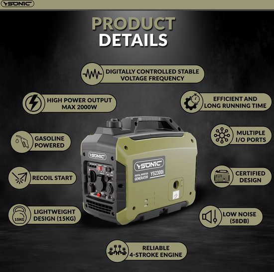YSONIC YS2300i Inverter Generator - Aggregaat - 2KW - 230V Benzine Stroomgenerator - USB - Autolader en Parallel Poort - Fluisterstil 58 dB - Olie en Overload Alarm