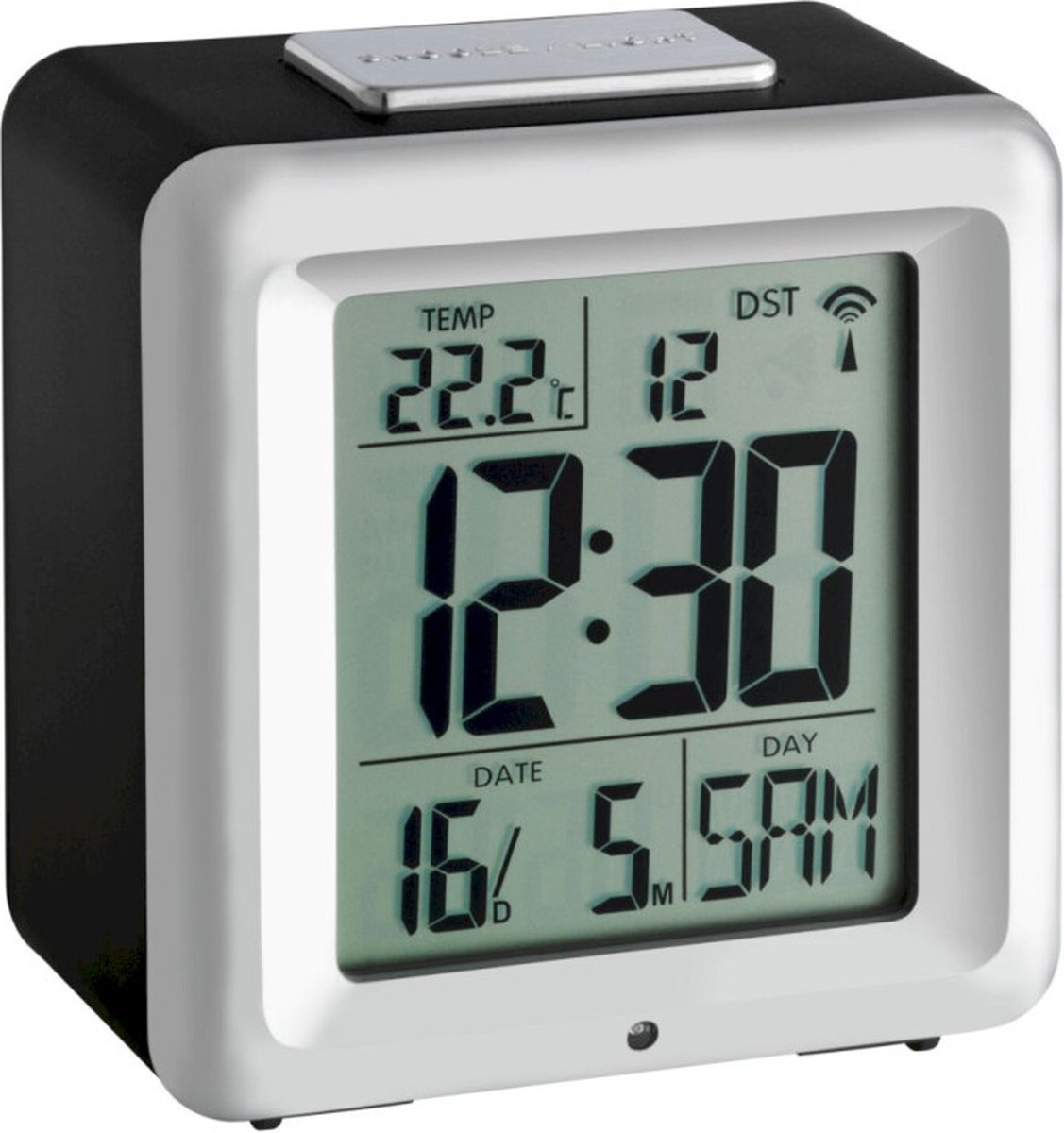 TFA Dostmann 60.2503 - Wekker - Digitaal - Radiogestuurde tijdsaanduiding - Binnentemperatuur - Datumaanduiding - Alarm - Rechthoek - Zwart - Zilverkleurig