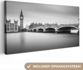 Canvas Schilderij Londen - Big Ben - Water - Skyline - Zwart wit - 80x40 cm - Wanddecoratie