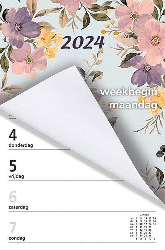 MGPcards - Weekblok (met Wire-O binding) 2024 - Week begint op Maandag - Bloemen - Pastel Roze