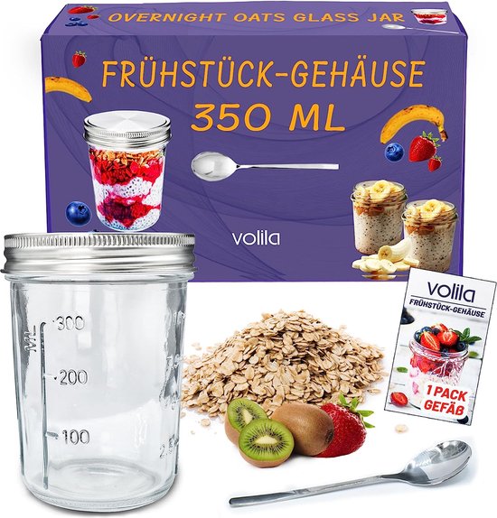 Glas à Go (330 ml) pour porridge, yaourt à emporter, bocaux Overnight Oats  avec