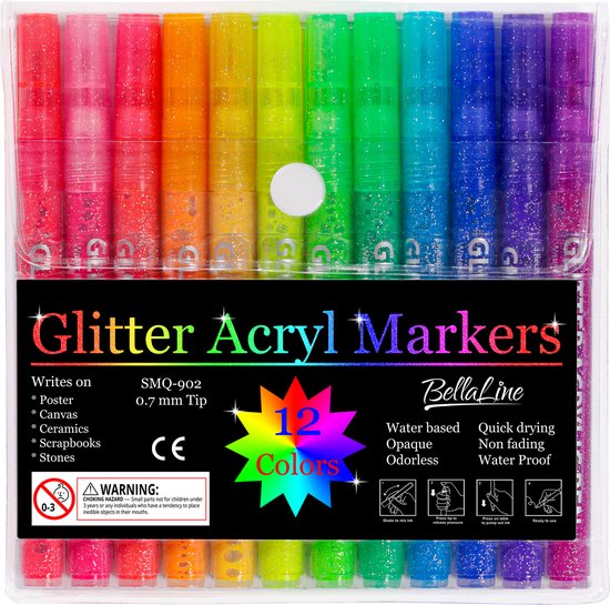 Glitterstiften - BellaLine - Acryl - Marker - Glitter kerst kaarten -Glitter Stiften - Glitterpennen - Speelgoed - Happy Stones - kleuren - Verjaardag Cadeau - Intense kleuren - creatief - Sinterklaas - kinderspeelgoed - Glitterpennen voor kinderen