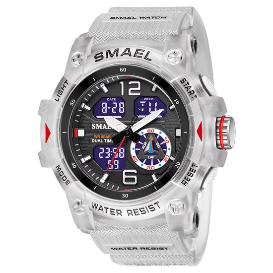 Transparant SMAEL dual time sporthorloge met zwarte wijzerplaat en zilverkleurige band.