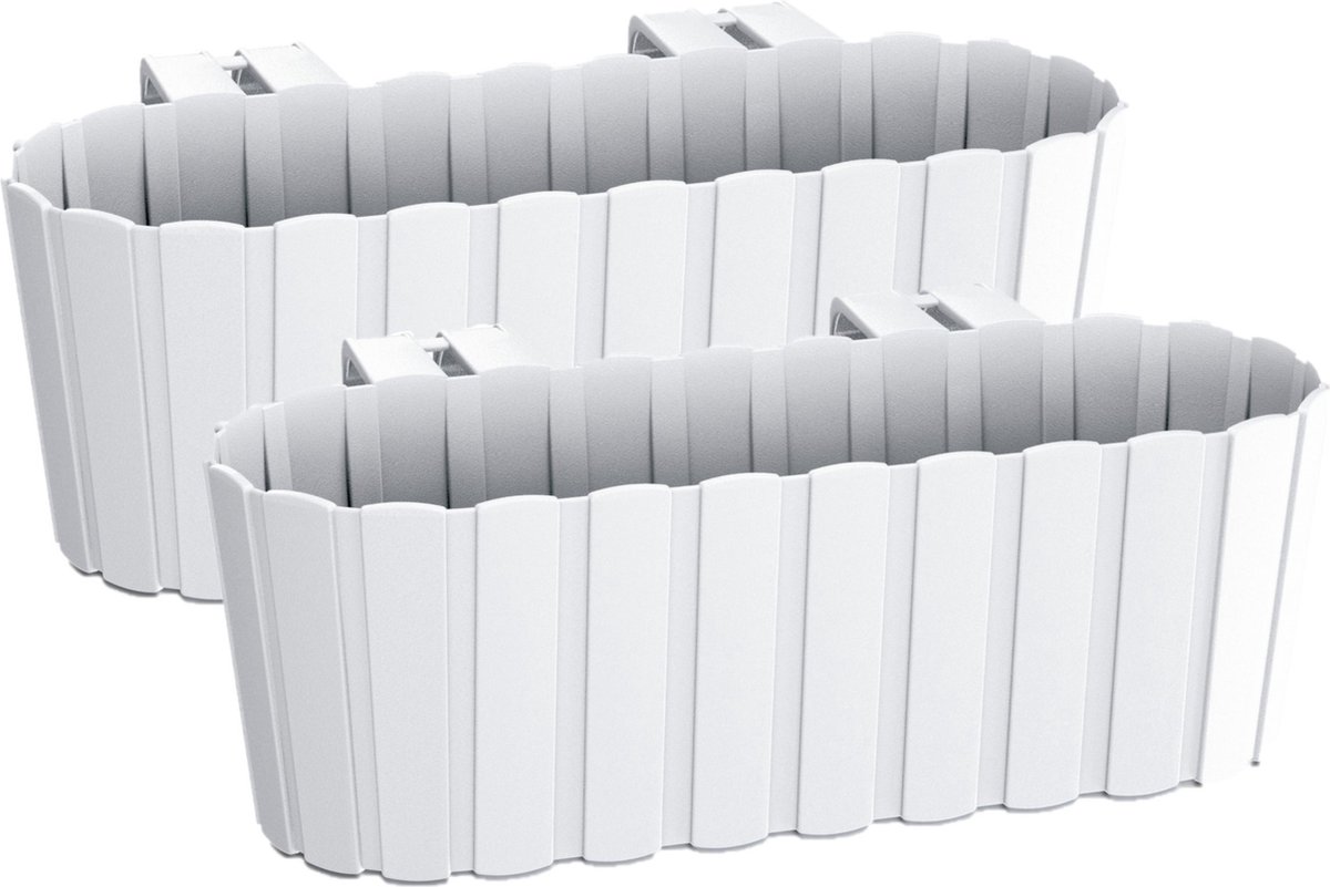 Balkon plantenbak/bloembak - Set van 4x stuks - met haken - kunststof - rechthoekige - wit - 38 cm - Tuin/balkon decoraties