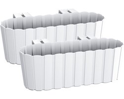 Balkon plantenbak/bloembak - Set van 4x stuks - met haken - kunststof - rechthoekige - wit - 38 cm - Tuin/balkon decoraties