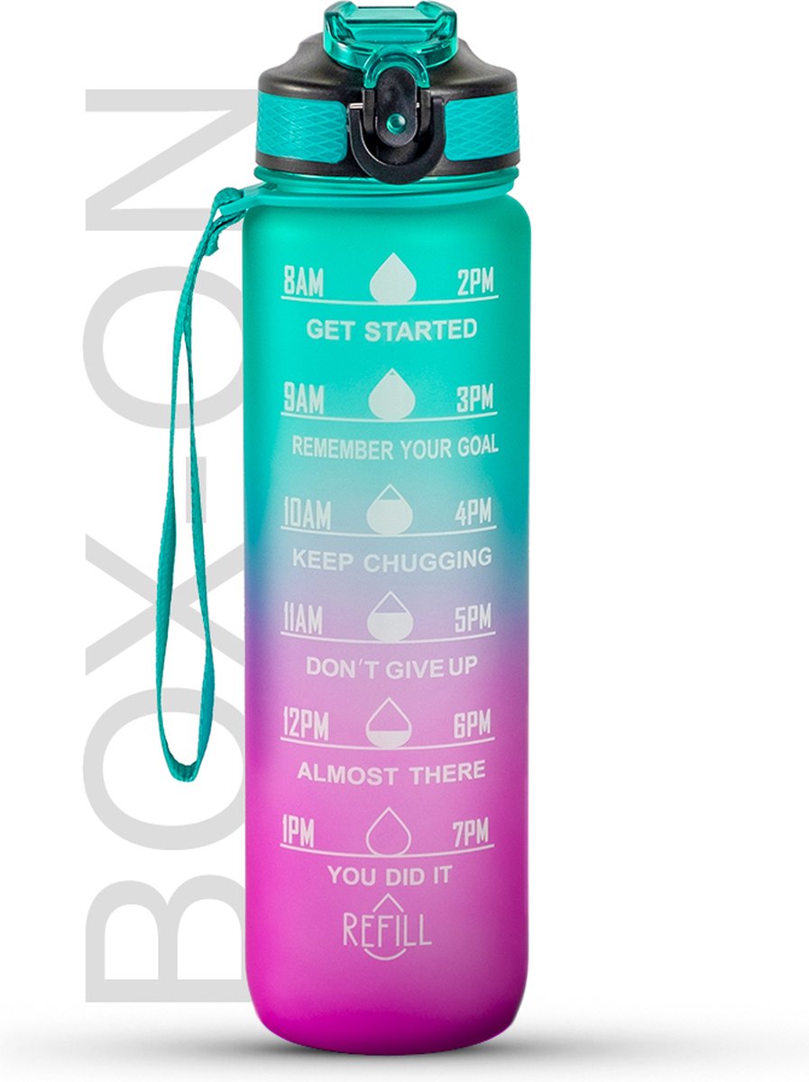 Motivatie Waterfles Turquoise/Roze - 1 Liter Drinkfles - Waterfles met Rietje - Waterfles met tijdmarkering - BPA Vrij - Volwassenen - Drinkfles Kinderen - Box-On