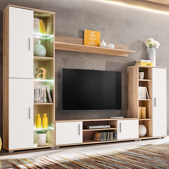 Meuble TV Murale NEX I Avec LED RGB - 300 Cm Blanc Brillant - Ensemble Salon Complet Et Moderne