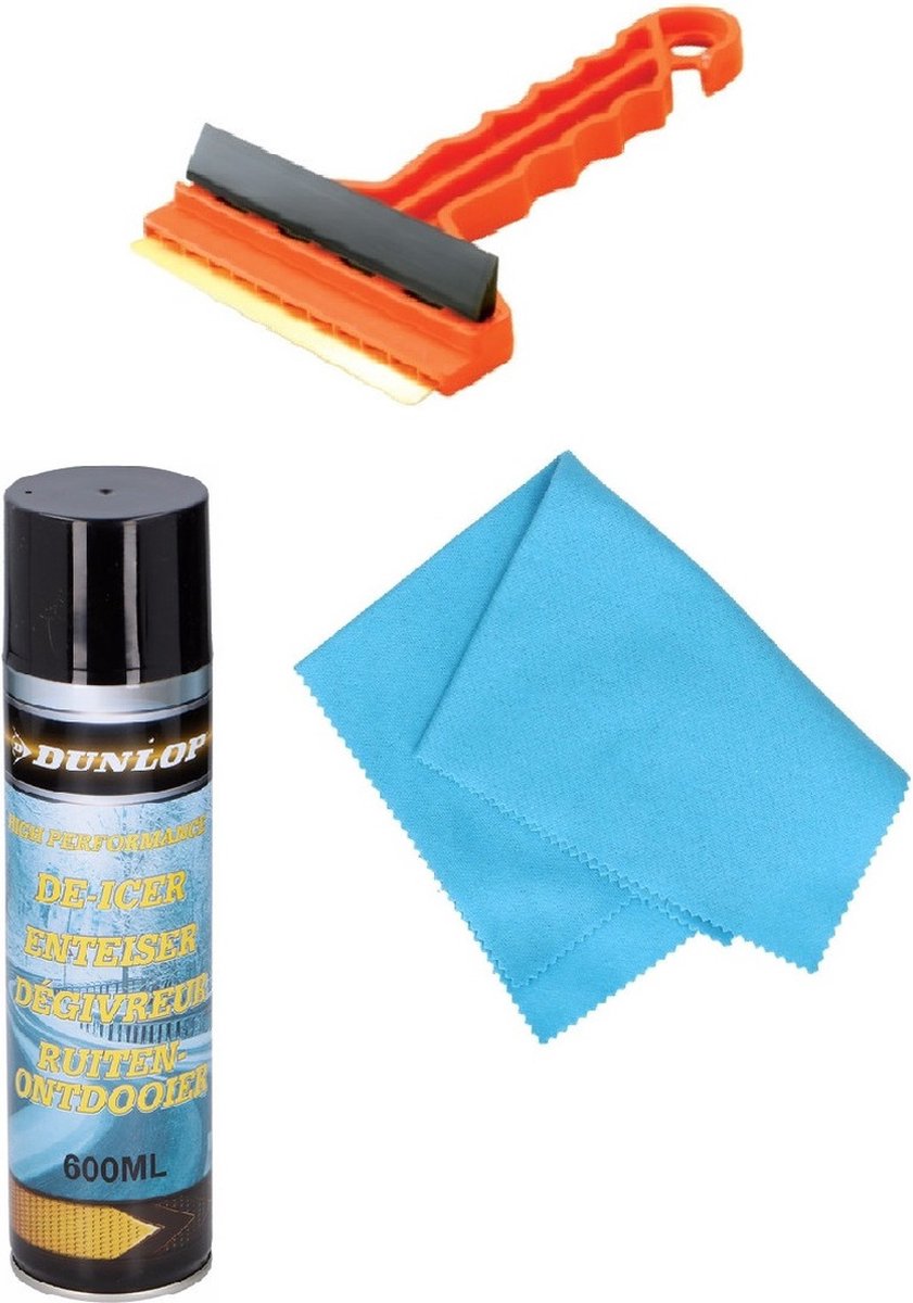 Autoramen IJskrabber met trekker rood 16 cm met anti-condens doek en ruitenontdooier spray 660 ml - Winter vorst accessoires