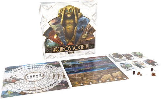 Bordspel opstelling: doos, spelbord, kaarten, tokens, archeologische thema.