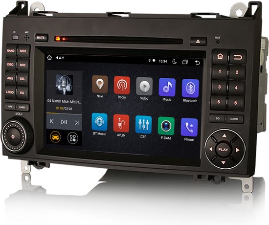 Zwarte autoradio met touchscreen, met iconen voor navigatie, radio, video, muziek en Bluetooth.
