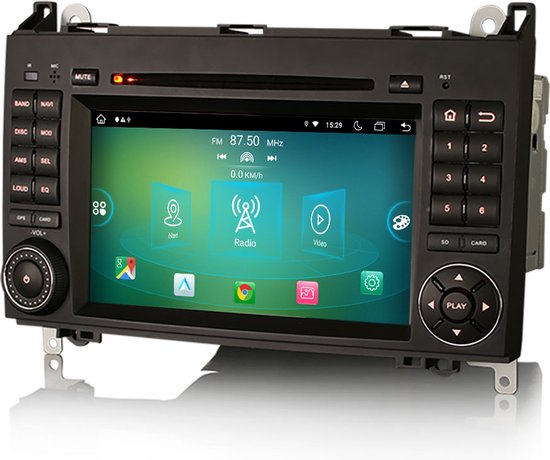 Zwarte autoradio met touchscreen, met radioweergave en navigatie- en video-icoon.