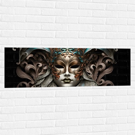 Muursticker - Wit Venetiaanse carnavals Masker met Blauwe en Gouden Details tegen Zwarte Achtergrond - 120x40 cm Foto op Muursticker