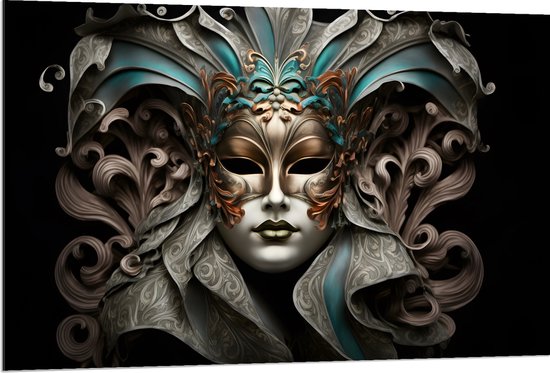 Dibond - Wit Venetiaanse carnavals Masker met Blauwe en Gouden Details tegen Zwarte Achtergrond - 120x80 cm Foto op Aluminium (Wanddecoratie van metaal)
