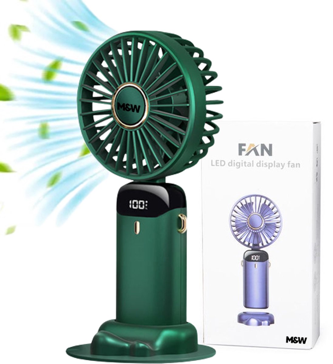 M&W Draagbare Hand Ventilator - 5 Standen USB Ventilatoren Oplaadbaar - Kerst Cadeau Groen