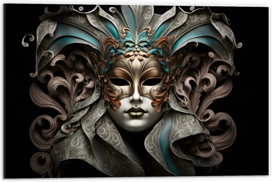 Dibond - Wit Venetiaanse carnavals Masker met Blauwe en Gouden Details tegen Zwarte Achtergrond - 60x40 cm Foto op Aluminium (Met Ophangsysteem)