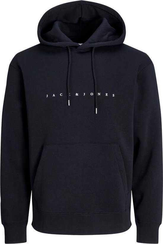 Zwarte hoodie met "JACK & JONES" opdruk op de borst, met trekkoorden.