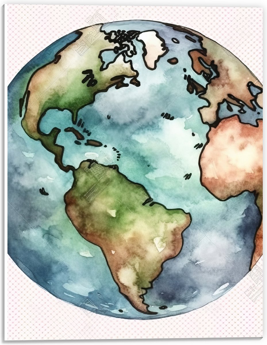 PVC Schuimplaat- Waterverf Tekening van een Wereldbol tegen Witte Achtergrond - 30x40 cm Foto op PVC Schuimplaat