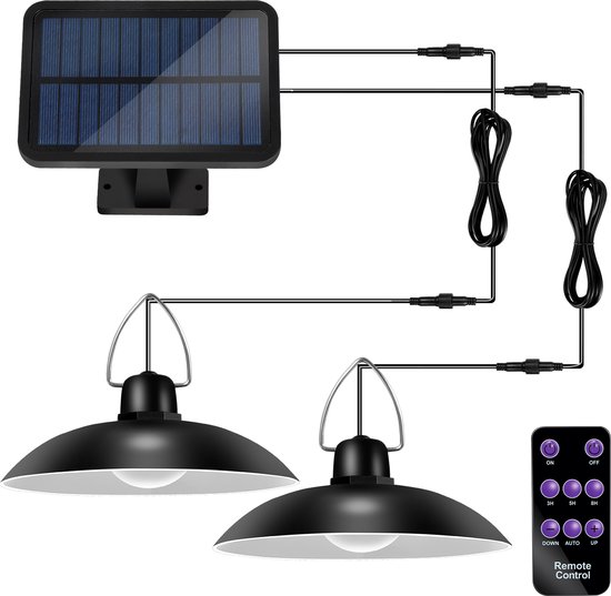 Solar Tuinverlichting - Hanglampen - LED - Buitenverlichting - Hanglamp op zonne-energie - Solar light LED - LED tuinverlichting met wandbevestiging en afstandsbediening - Waterbestendig tuinlicht - Dimbaar Koel wit 2 lichten