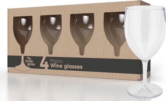 MyDrinkglass Plastic Wijnglazen Lissabon Transparant - Set van 4 Stuks - Onbreekbaar - Kunststof Glazen voor Witte of Rode Wijn - Herbruikbaar Wijnglas geschikt voor de Camping - 270 ml