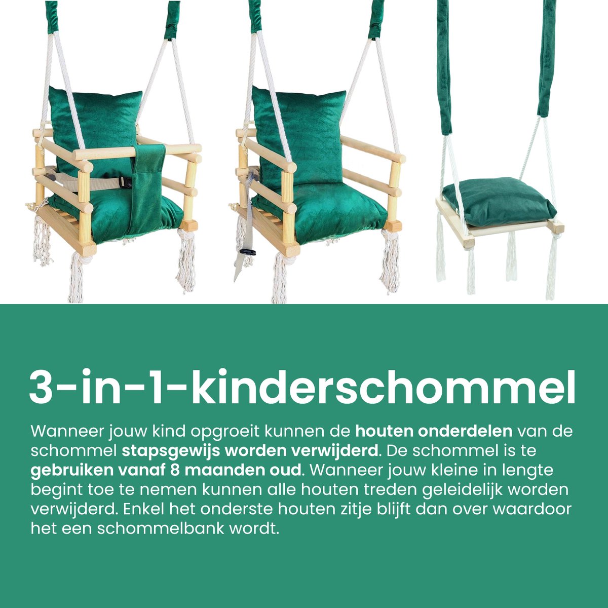 Luxe houten 3 in 1 groene meegroei baby schommel en Kinder schommel – Baby swing – Schommel die meegroeit met je kindje - Schommelstoel - Schommels - Handgemaakt — afbeelding 3
