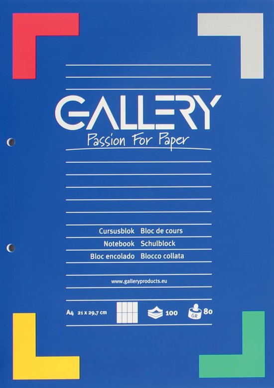 Bloc de papier pour cours de Gallery , format A4, 80 g/m², perforation 2 trous, quadrillage commercial, 100 feuilles, 5 pièces
