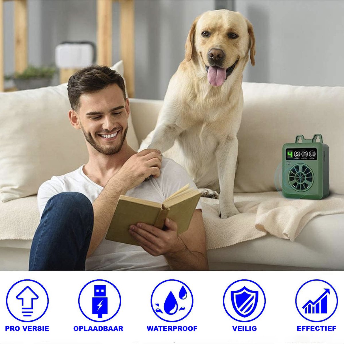 Aoikoy Ultrasonic Repellent, Dog Repellent, Outdoor Dog Repellent, Anti-Bark Correction, Rechargeable with 3 Sensitivity Levels, Range 15 Meters, Safe, IPX6 Waterproof