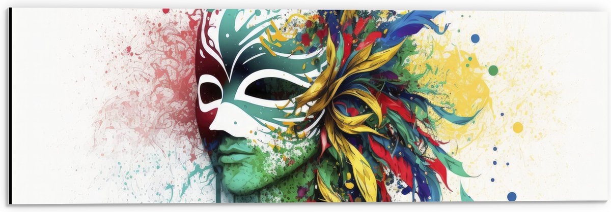 Dibond - Waterverf Tekening van Kleurrijke Carnavals Masker tegen Witte Achtergrond - 60x20 cm Foto op Aluminium (Met Ophangsysteem)